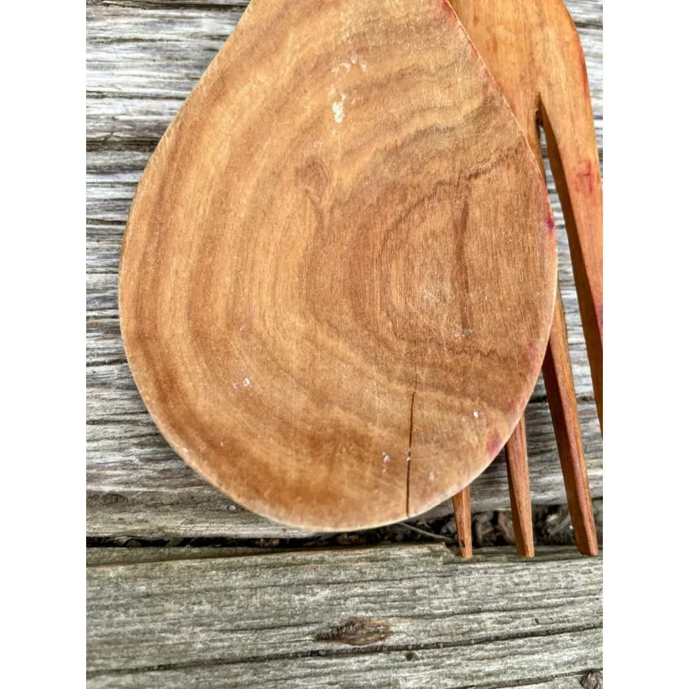 Vintage MCM Carved Wood African Salad Fork Spoon Head Bust handles
